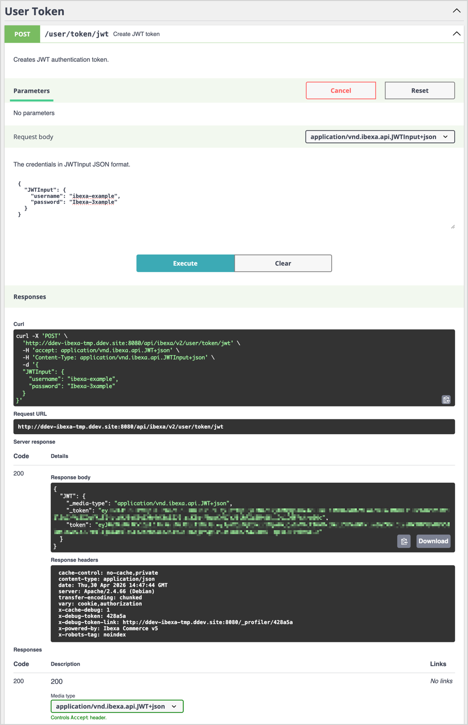 Screenshot of REST API live documentation with a JWTInput payload, a JWT token request and its response