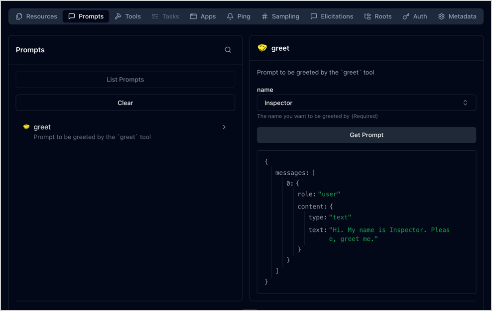 Screenshot of the right pannel of the MCP Inspector with the list of prompts obtained from the example MCP server, and the test of the greet prompt